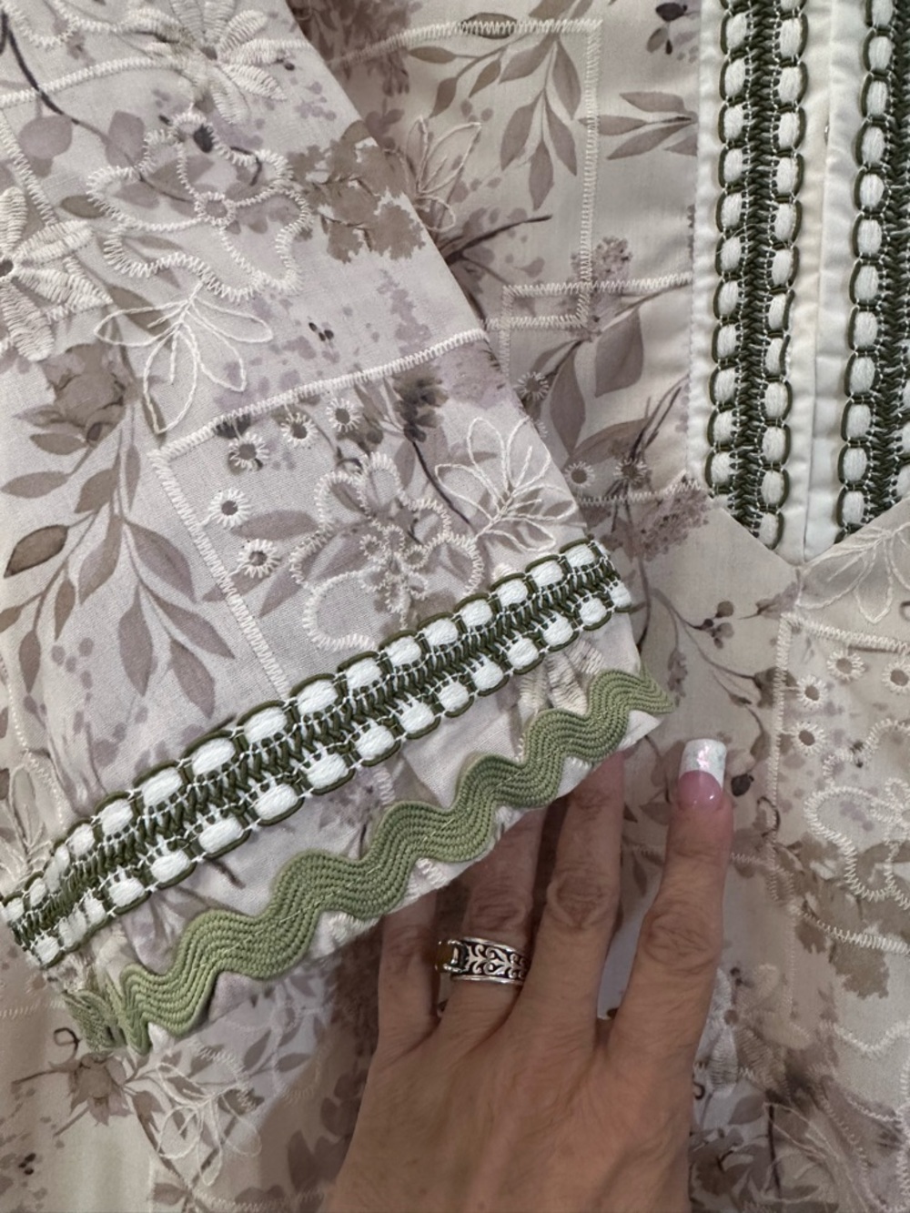 English Factory Cream and Olive Floral Embroidered Tunic Dress - Picture 6 of 7